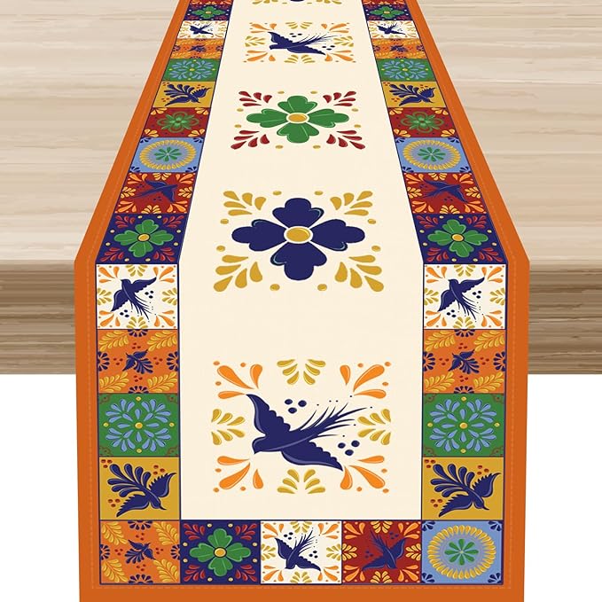 Mexican Table Runner, Orange Floral Birds Mexico Talavera Ceramic Dia De Los Muertos Coffee Table Center Decor for Family Home Kitchen and Dining Farmhouse Indoor Outdoor Table Decorations, 13" X 108"
