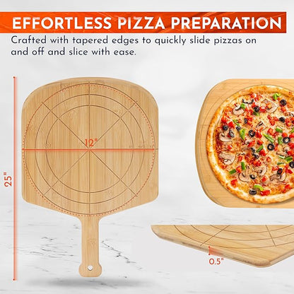 Loftern Wooden Pizza Peel 12 Inch Board with Engraved Sizes - Multi-Purpose Bamboo Pizza Cutting Board, Wood Pizza Peel, Pizza Spatula Paddle, and Serving Board with Size and Cutting Guide