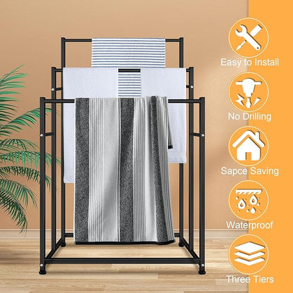 47.6 Inch Tall Free Standing Towel Racks 3 Tier Pool Towel Rack Outdoor Oversized Floor Bath Towel Drying Valet Holder Blanket Quilt Rack Stand for Bathroom Bedroom Beach Hot Tub Gym Pool Area Outside