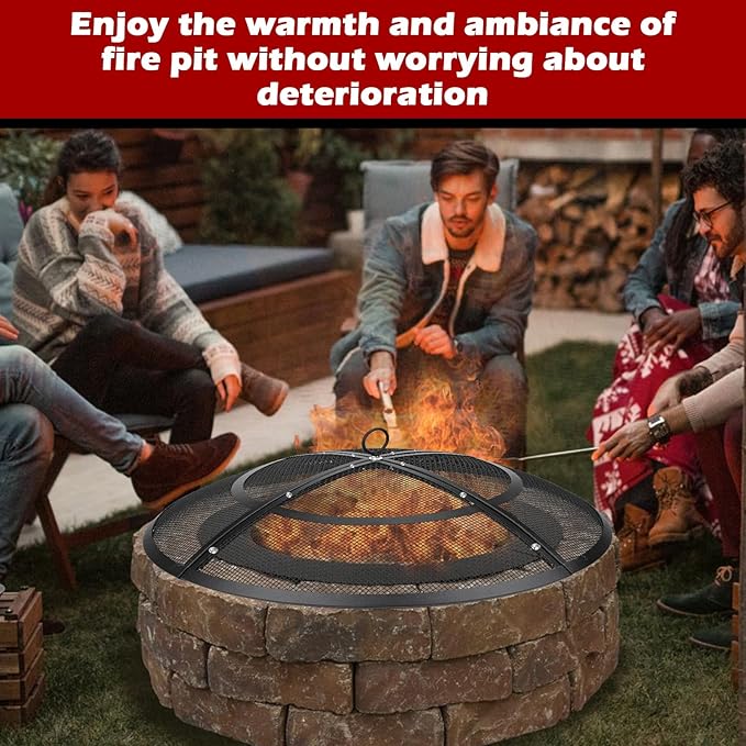 Fire Pit Spark Screen,30 Inch Fire Pit Screen Cover Outdoor with Handle&Poker,Firepit Screens Round Cover Mesh Replacement Heavy-Duty Steel Fire Pit Covert for Backyard/Beach/RV Camping