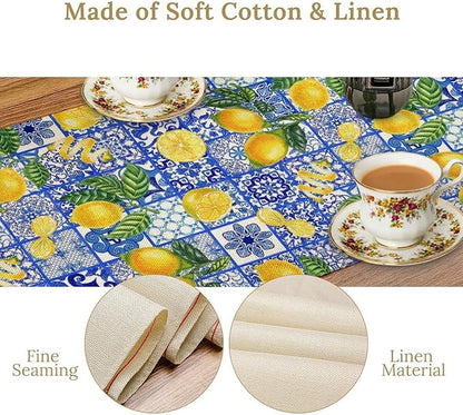 Tiles Lemon Table Runner Blue White Yellow Vintage Rustic Summer Fruit Chic Farmhouse Dining Table Decoration for Home Holiday Party Dresser Kitchen Cabin Restaurant Wedding Decor 13×60in