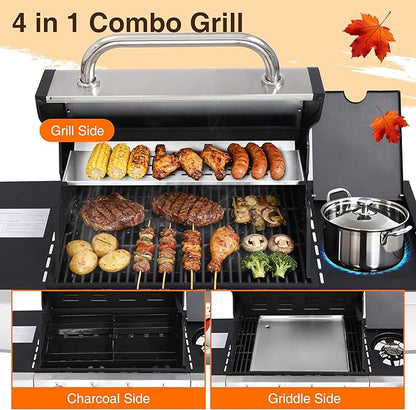 Griddle Grill Combo, Propane Gas and Charcoal Grill Combo, Outdoor BBQ Grills, 4 Burner Propane Stove with Griddle, Cast Iron Grates, Side Burner & Prep Space (4 burner&side burner combo)
