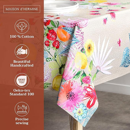 Maison d' Hermine Table Cloth Rectangle Table 100% Cotton 70 x 108 Inches Tablecloth Reusable Decorative for Dining Room, Farmhouse, Home, Party, Festive & Wedding Spring Summer - Jardin D'Ete - Fog