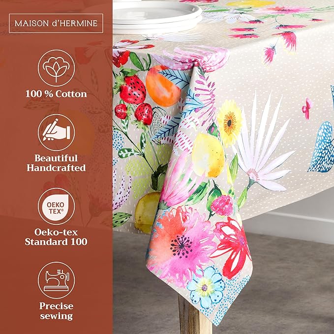 Maison d' Hermine Table Cloth Rectangle Table 100% Cotton 70 x 90 Inches Tablecloth Reusable Decorative for Dining Room, Farmhouse, Home, Party, Festive & Wedding Spring Summer - Jardin D'Ete - Fog