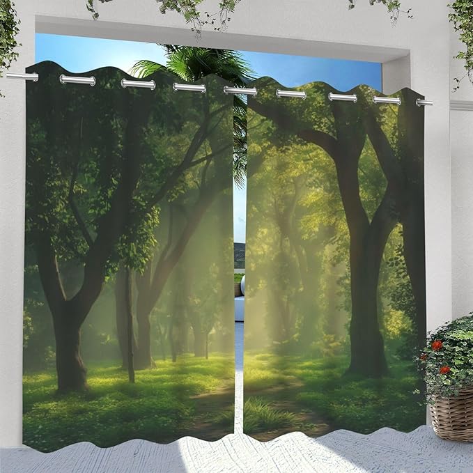 Forest theme Outdoor Curtains for Patio Waterproof,Dawn Trees Jungle pattern,Waterproof, Privacy, Grommet Curtains for Patio, Pergola, Porch, Deck, Lanai, Cabana,Set of 2 Panels,W54 x L108,Green