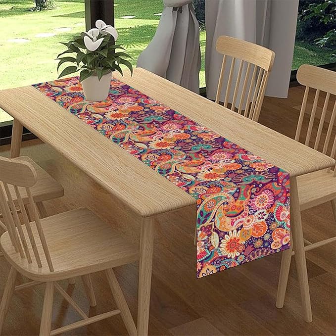Purple Paisley Table Runner, Rustic Damask Antique Floral Flower Retro Boho Mandala Indian Bohemian Vintage Table Center Decor for Family Kitchen and Living Room Country Table Decorations, 13" X 72"