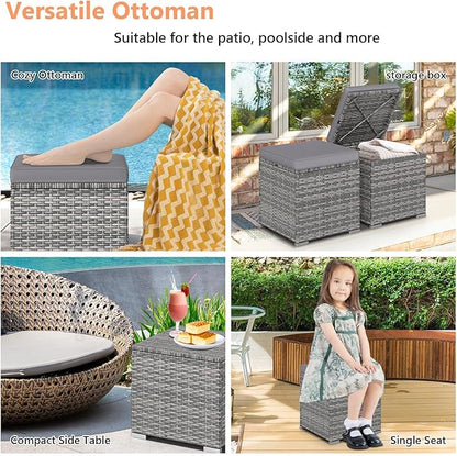 Tangkula 2 Pieces Patio Ottomans, Patiojoy Hand-Woven PE Rattan Side Table with Removable Cushion & Hidden Storage Space, Multifunctional Storage Box, Seat for Patio, Backyard, Poolside (Light Grey)