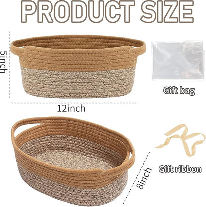 Woven Basket,Small Rope Storage Bin with Handles & Ribbon Bag, Organizer for Shelves Closets,Gift Basket Empty for Birthday,Books,Dog Toys, Jute&Brown