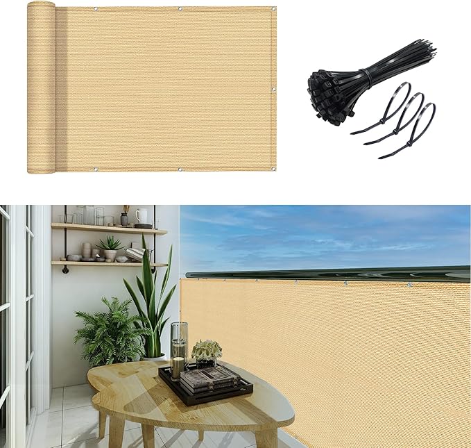3'x10'Balcony Privacy Screen Cover Fence Cover UV Protection Weatherproof Windscreen Heavy Duty for Patio, Backyard,Sand