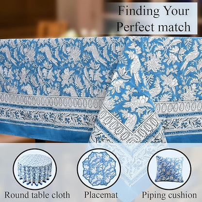 CPC Tablecloth 100% Cotton 60x90 Inch Indian Block Print Rectangle Table Cover, Washable Table Cloth for Weddings, Spring/Summer, Barbeque - Blue Sapphire