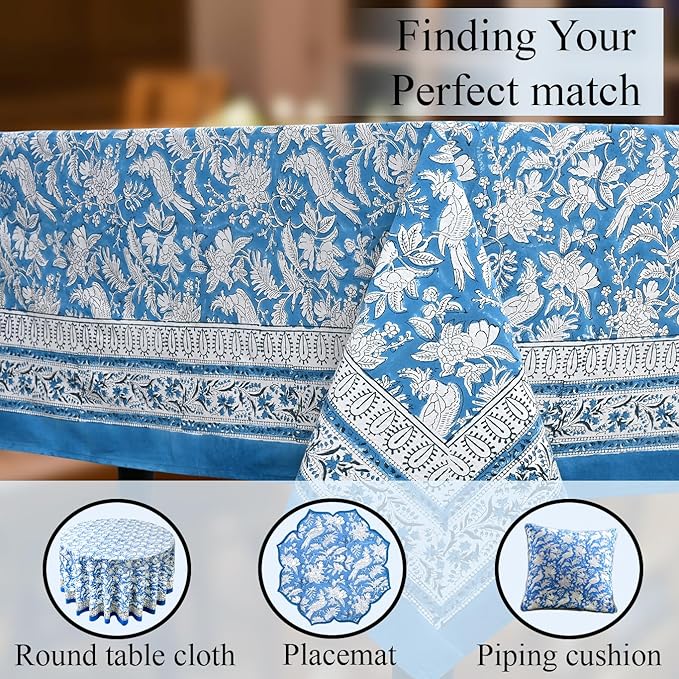 CPC Tablecloth 100% Cotton 70x108 Inch Indian Block Print Rectangle Table Cover, Washable Table Cloth for Weddings, Spring/Summer, Barbeque - Blue Sapphire