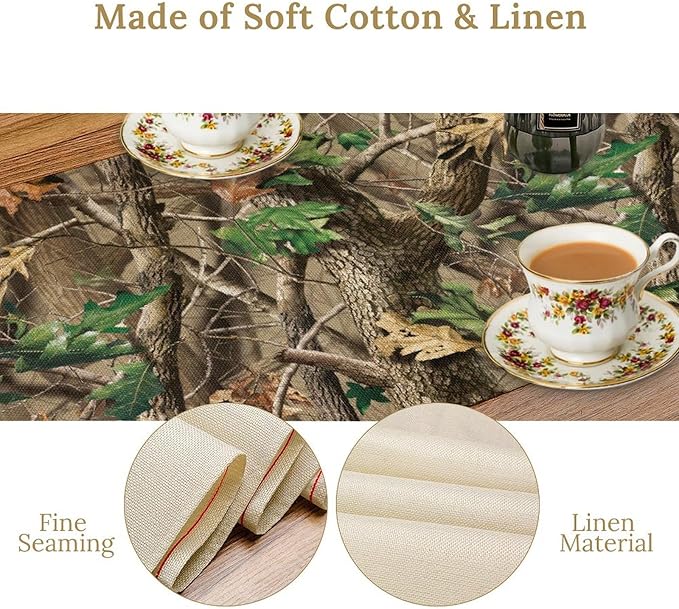 Forest Camouflage Table Runner, Camo Conifer Oak Branches Mossy Hunting Lodge Camp Cabin Table Runner for Kitchen Dining Room Party Camping 13x90in