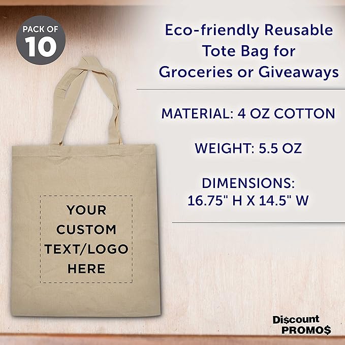 DISCOUNT PROMOS Custom Cotton Canvas Tote Bags Set of 10, Personalized Bulk Pack - Reusable, Great for Shopping, Grocery, Beach, Picnic, Wedding Favors - Natural