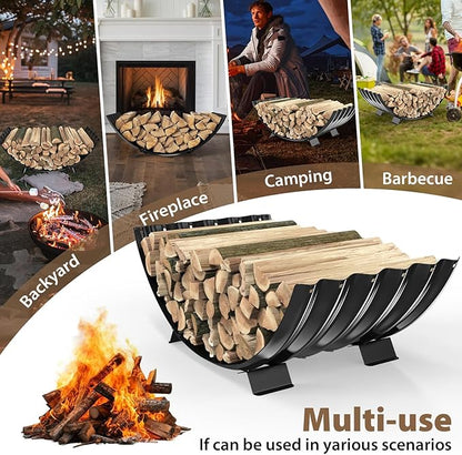 32 inch Diameter Sector Firewood Rack Storage -0.8MM Thick Galvanized Steel with Wave Pattern & 4 Stable Feet, Black Coated for Indoor/Outdoor Wood Storage (2.7FT Diameter)