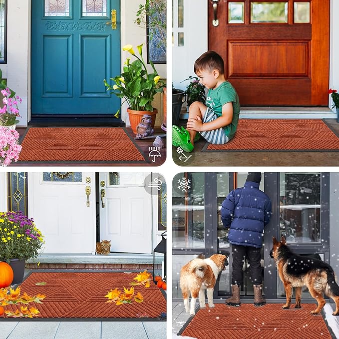 Smiry Front Door Mat Outside Entrance, Heavy Duty Sturdy Natural Rubber Doormat, Trap Dirt and Moisture, Easy Clean Low Profile Mats for Indoor Outdoor Entry, Irregular Triangle (36x24, BRN-Orange)
