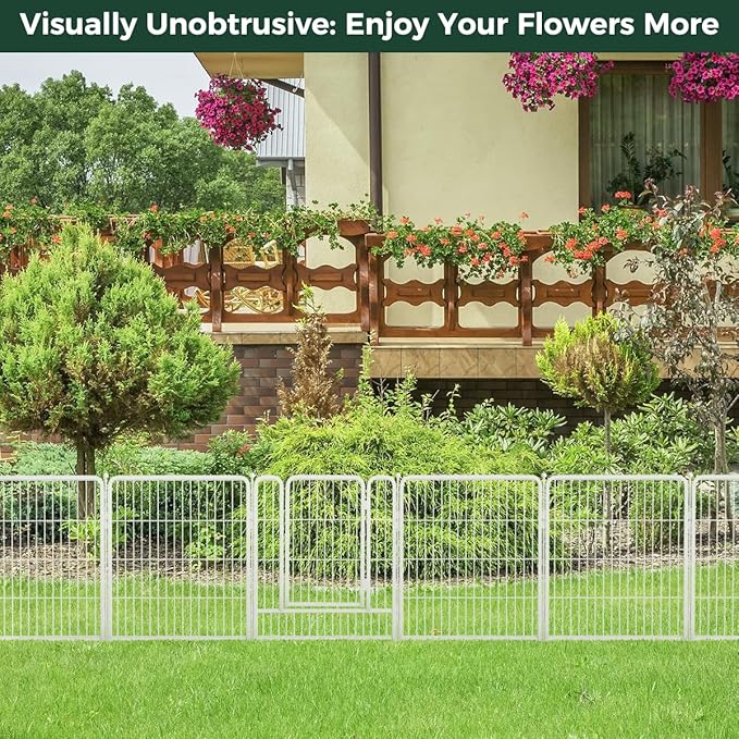FXW Garden Fence Outdoor for The Yard – 32in(H) x 36.4ft(L) Heavy Duty Metal Animal Barrier for Dog and Rabbit, Decorative Dog Fence, 16 Panels, White