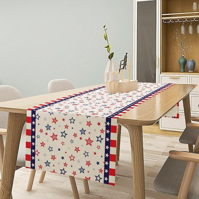 4th of July Table Runner, America Memorial Day Independence Day Stripe Stars Patriotic Table Runner for Home Kitchen Dining Indoor Holiday Farmhouse 13x60in