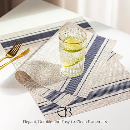 Placemats Set of 6 - Easy Clean Woven Vinyl Placemats for Dining Table, Indoor/Outdoor Place Mats, Washable PVC Table Mats（Blue Skyline）