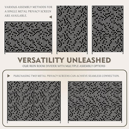 Kozyard Metal Privacy Screen 74" H x 47.2" W Decorative Outdoor Divider with Stand Panels Freestanding Screen Set for Deck Patio Balcony Garden Outdoor&Indoor (Black/Dotted Line)