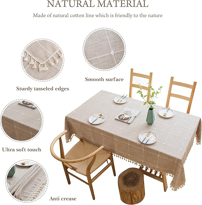 Pahajim Rustic Linen Tablecloth Cotton Rectangle Table Cloth for Kitchen Dining with Tassel Plaid Waterproof Tablecloths Rectangle/Oblong,55''x87'', 6-8 Seats