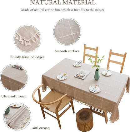 Pahajim Rustic Linen Tablecloth Cotton Rectangle Table Cloth for Kitchen Dining with Tassel Plaid Waterproof Tablecloths Rectangle/Oblong,55''x118'',10-12 Seats