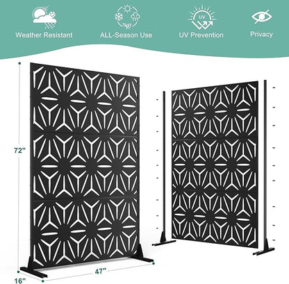 Metal Privacy Screen for Outdoor & Indoor Use, Free Standing Privacy Screen for Patio Garden Pool, 72" H x 47" W Decoative Privacy Panels, Weather Resistant, Easy Assembly (Black Star)