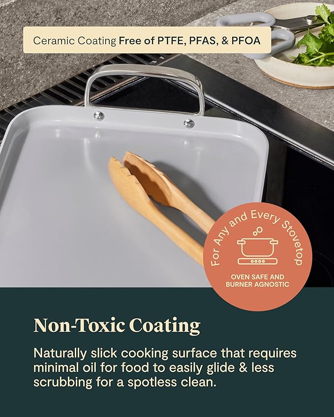 Caraway Double Burner Griddle - 19x12” Griddle Pan - Non-Stick Ceramic Coated - Non Toxic, PTFE & PFOA Free - Oven Safe & Compatible with All Stovetops - Black