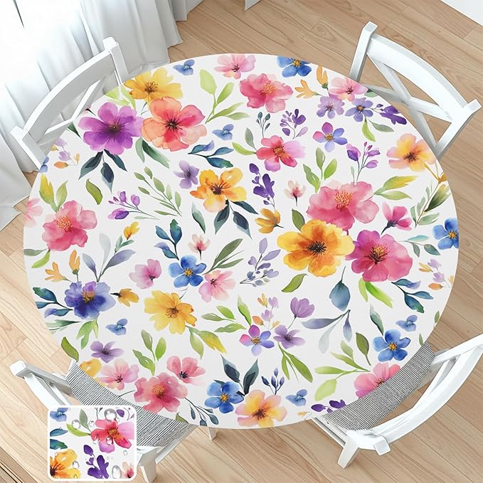 Spring Summer Floral Round Fitted Tablecloth with Elastic Watercolor Flower Outdoor Circle Table Cloth for 48-52" Tables Colorful Stretch Waterproof Washable Table Cover for Picnic Dining Party Decor