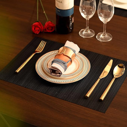 SLKQG Black Placemats Set of 8 - Easy Clean Washable Vinyl Placemats - Heat Resistant Placemats for Kitchen Table - PVC Table Mats for Dining Table (Pure Black, 8)