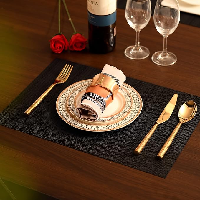 SLKQG Black Placemats Set of 4 - Easy Clean Washable Vinyl Placemats - Wipeable Heat Proof Table Mats for Dining Table - 17x12 Inch (Pure Black, 4)