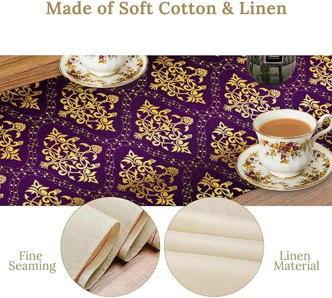 Vintage Table Runner, Retro Antique Gothic Purple Damask Floral Flower Pattern Classic Boho Coffee Table Center Decor for Kitchen and Dining Outdoor Home Country Party Table Decorations, 13"x36"