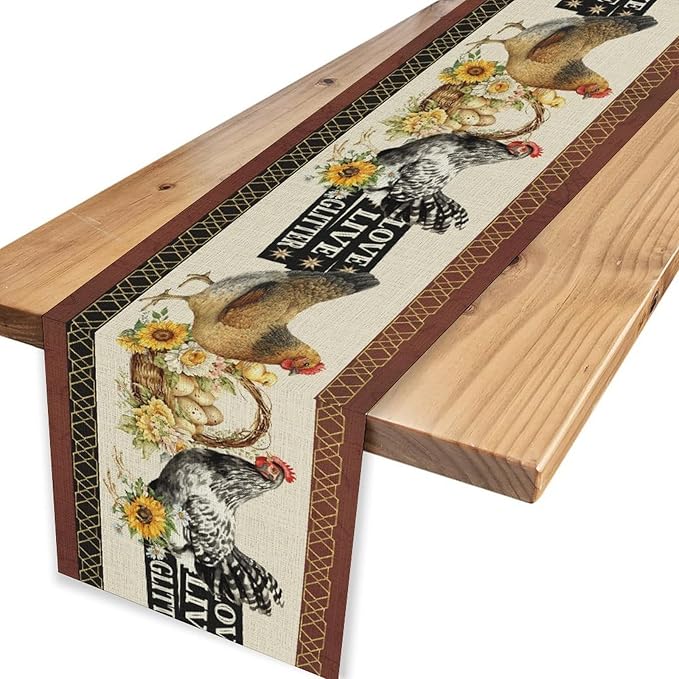 Farmhouse Rooster Table Runner, Rustic Vintage Chicken Egg Sunflower Floral Cow Hen Red Coffee Table Center Decor for Family Kitchen and Dining Room Outdoor Country Party Table Decorations, 13"x72"