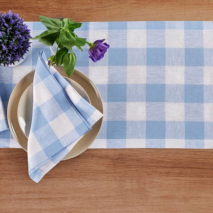 Solino Home Linen Checkered Table Runner 156 Inches Long - 100% Pure Linen Chambray Blue and White Buffalo Check Extra Long Table Runner 14 x 156 Inch Ideal for Dining, Winter, Spring, Easter
