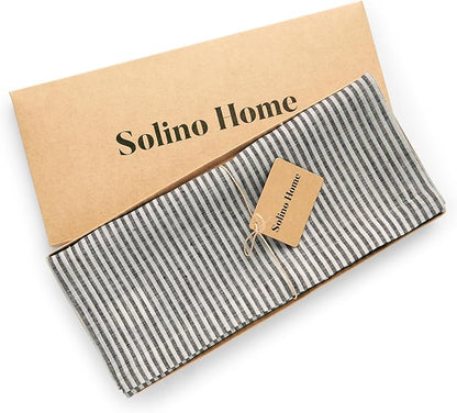 Solino Home Linen Table Runner 90 Inches Long - Narrow Stripe, 100% Pure Linen Black and White Farmhouse Table Runner 14 x 90 Inch for Dining, Winter, Spring, Easter