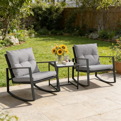 SUNCROWN 3 Piece Outdoor Rocking Bistro Set Black Wicker Furniture Porch Chairs - Image 5