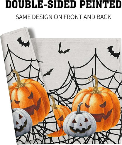 Giwawa Halloween Placemats, Colorful Spooky Pumpkins Spider Web Bats Linen Place Table Mats Washable Stain Resistant for Kitchen Dining Party Holiday Tabletop Decor, Set of 4, 12x18 Inches