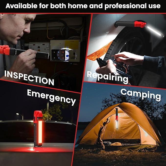 Rechargeable Work Light 2200mAh Magnetic LED Work Light Flashlight Mechanic Light Tool for Men Him, Foldable Lamp with Hook for Car Repair Emergency BBQ Grill (2 Pack)