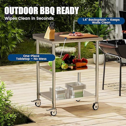 Stainless Steel Work Table with Wheels, 24x30 Inch NSF Food Prep Table with Backsplash & 2 Adjustable Undershelves for Commercial Kitchen, Restaurant, Garage