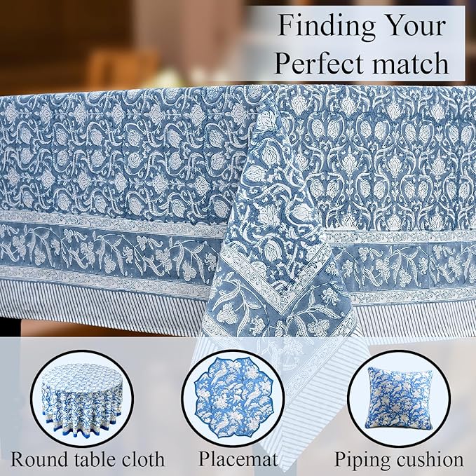 CPC Azure Regal Tablecloth 100% Cotton 60x90 Inch Indian Block Print Rectangle Table Cover, Table Cloth for Gifting in Weddings, Halloween, Fall, Christmas, Thanksgiving