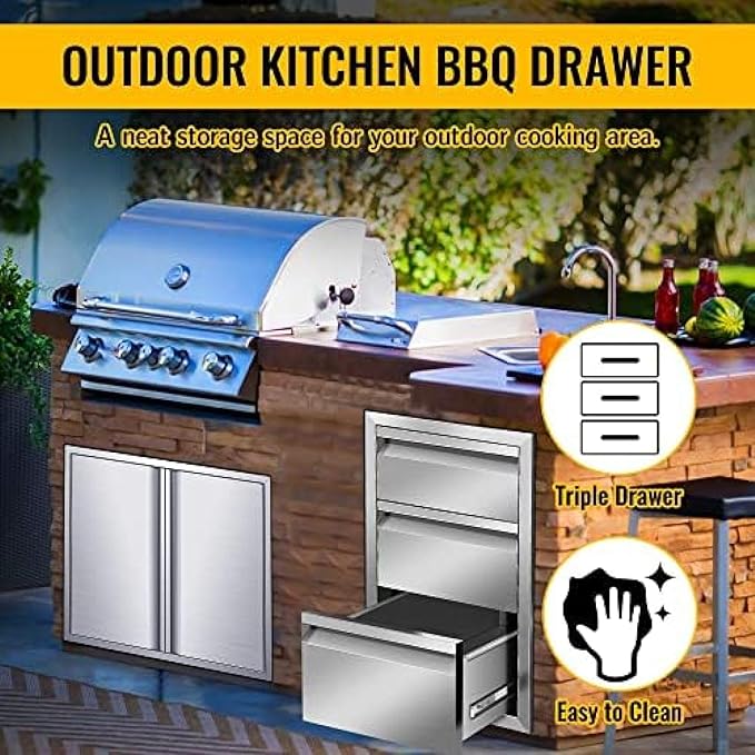 Pull Out Trash Drawer, Lower Sliding Rails Stainless Steel Roll Out Trash Bin Pull Out Tray With Handle For Outdoor Kitchen BBQ Island Grill Station,Three Drawers