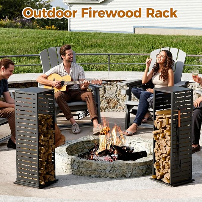 4ft Firewood Rack Outdoor, Fire Wood Holder Log Storage Rack with Parallel Louver Pattern Hooks Adjustable Feet, Firewood Stacker for Indoor Patio Balcony Black