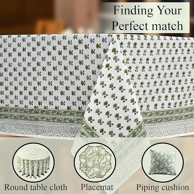 CPC Lotus Meadow Tablecloth 100% Cotton 60x60 Inch Indian Block Print Rectangle Table Cover, Table Cloth for Gifting in Weddings, Halloween, Fall, Christmas, Thanksgiving