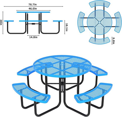 46'' Round Metal Picnic Table for Outdoors, Commercial Steel Metal Picnic Tables, Heavy Duty Sturdy Picnic Tables Furniture Set for Patio Garden Courtyard BBQ, with Umbrella Hole, Blue