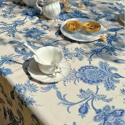 Rectangle Outdoor Tablecloth, Waterproof Table Cloth, Dining Table Cover for Farmhouse, Wedding, Dinner, Picnic - Spring/Summer, 54"x72", Beige Blue Flower