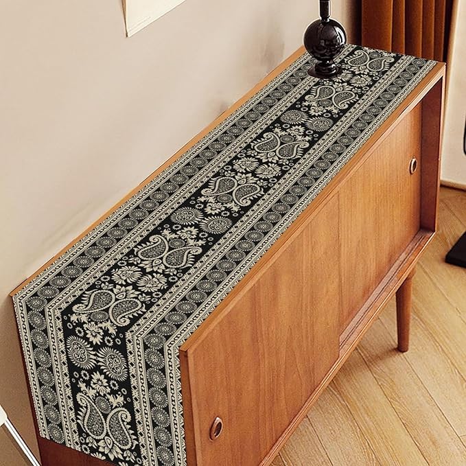 Black Paisley Table Runner, Rustic Damask Antique Floral Flower Retro Boho Swirled Pattern Coffee Vintage Table Center Decor for Family Kitchen and Living Room Outdoor Table Decorations, 13" X 36"