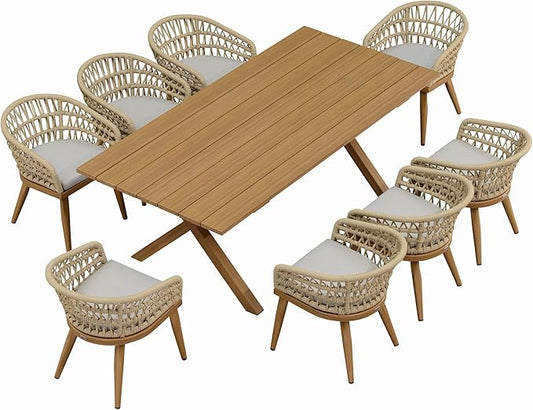 PURPLE LEAF 9 Pieces Outdoor Dining Set All-Weather PE Rattan Outdoor Patio Furniture Set with All Aluminum Frame Rectangular Table and Chairs Set for Lawn Garden Backyard Deck, Teak