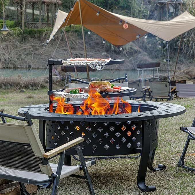 42 Inch Fire Pit with 2 BBQ Grills, Wood Burning Fire Pits for Outside with Lid & Fire Poker, BBQ& Outdoor Firepit & Round Metal Table 3 in 1 for Patio, Picnic, Party
