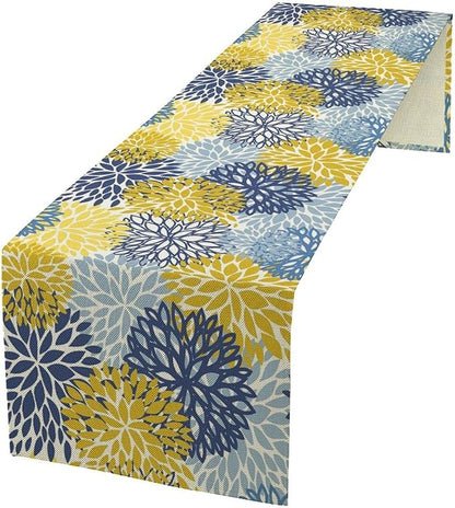 Dahlia Flower Table Runner,Blue Yellow Floral Print Table Runner for Kitchen Dining Table Dinner Holiday Home Party Indoor Outdoor Decor 13x90in