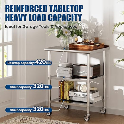 Stainless Steel Work Table with Wheels, 24x30 Inch NSF Food Prep Table with Backsplash & 2 Adjustable Undershelves for Commercial Kitchen, Restaurant, Garage