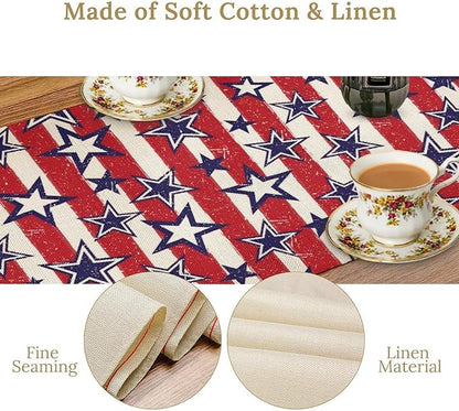 4th of July Table Runner, Vintage American Independence Day Stripes and Stars Patriotic Table Center Decor for Home Kitchen Dining Party Outdoor Holiday 13x120in